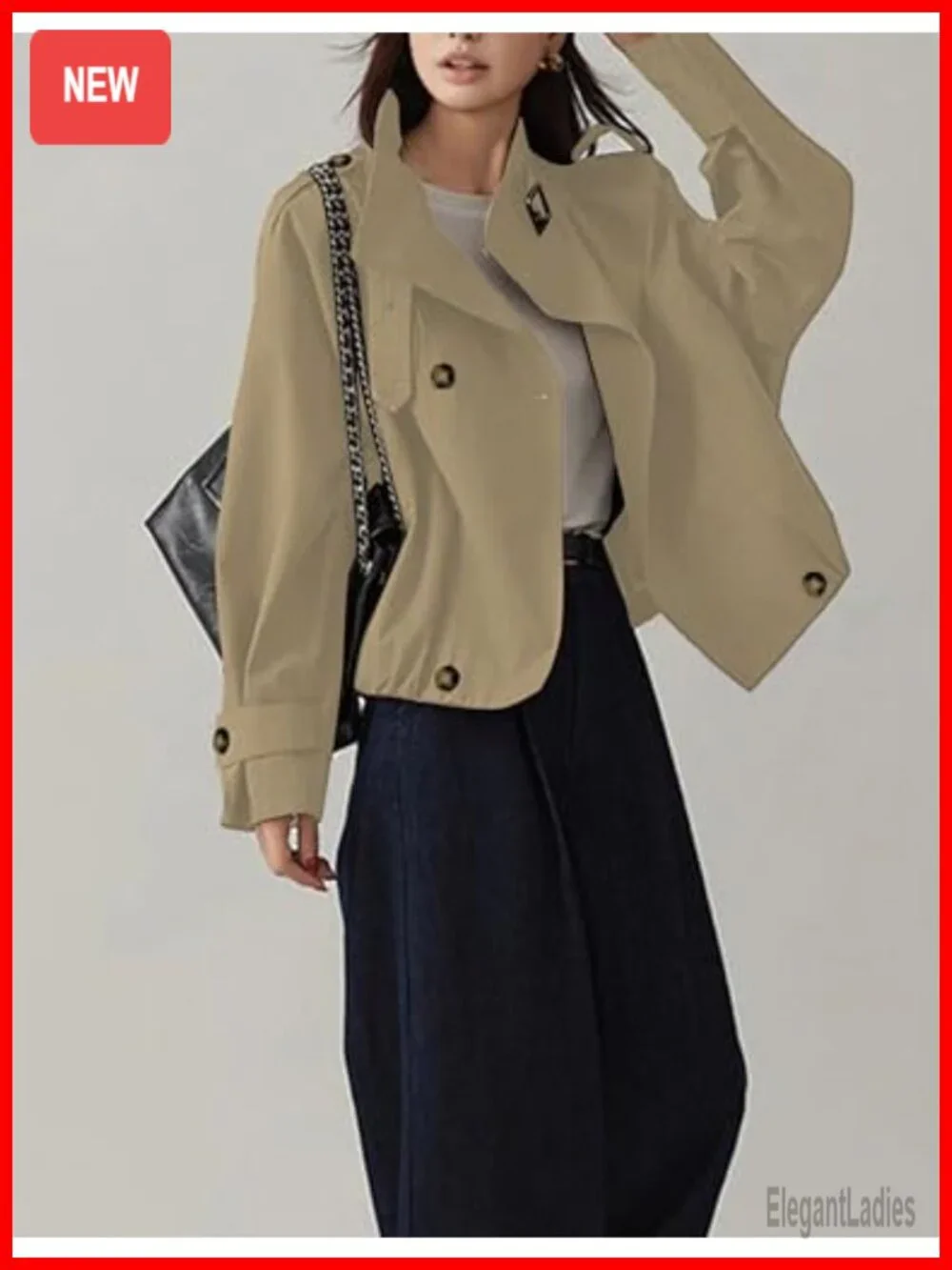 Trendy Vintage Trench Coat Crop Jacket with Pockets